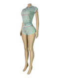 Women Waffle Texture Hooded Zip Top & Drawstring Shorts Two-Piece Set