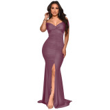 Women Spring & Summer V-neck Off Shoulder Bodycon Dress Ruched Split Maxi Dress