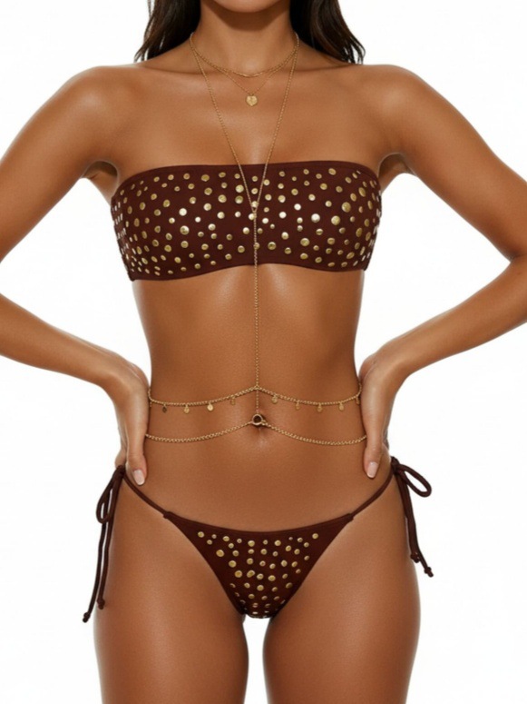 Metal Dot Strapless Lace-Up Two-Piece Bikini Swimsuit