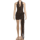 Women Summer Lace Patchwork Deep V Sleeveless Bodycon Dress