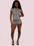 Women Waffle Texture Hooded Zip Top & Drawstring Shorts Two-Piece Set