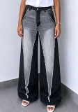 Women Color Block Irregular Cut Ripped Patchwork Denim Pants