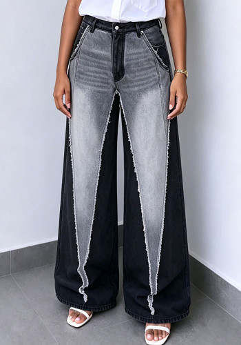 Women Color Block Irregular Cut Ripped Patchwork Denim Pants