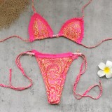 Women Retro Printed Low Waist Lace-Up Trim Two Pieces Bikini
