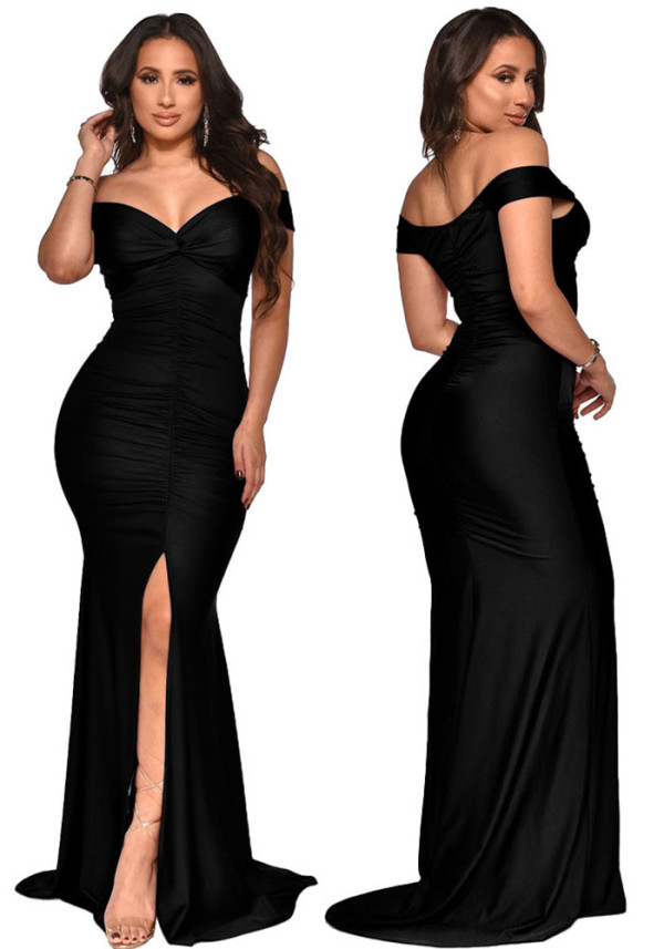 Women Spring & Summer V-neck Off Shoulder Bodycon Dress Ruched Split Maxi Dress