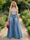 Women Casual Washed Wrinkle Denim Bell Bottom Wide Leg Pants