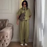 Women Stand Collar Short Sleeve Top and Wide Leg Pants Two Pieces
