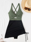 Women Mesh Drawstring Lace-Up Hollow Out Sexy Bikini One-Piece Swimwear