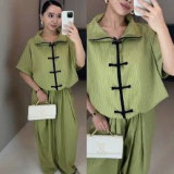 Women Stand Collar Short Sleeve Top and Wide Leg Pants Two Pieces