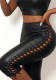 Women Sexy Lace-Up Hollow Out Pu Leather Capri Pants