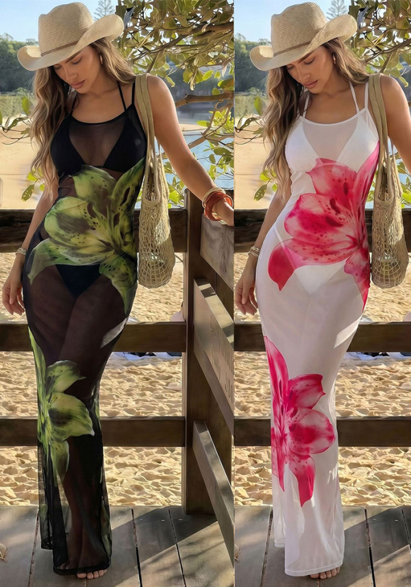 Women Printed Maxi Dress Beach Holidays Swimwear Three-Piece
