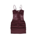 Women Spaghetti Strap Patchwork Lace Sexy Lace-Up Mini Dress
