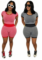 Women Casual Knitting Striped Top and Shorts Two Pieces