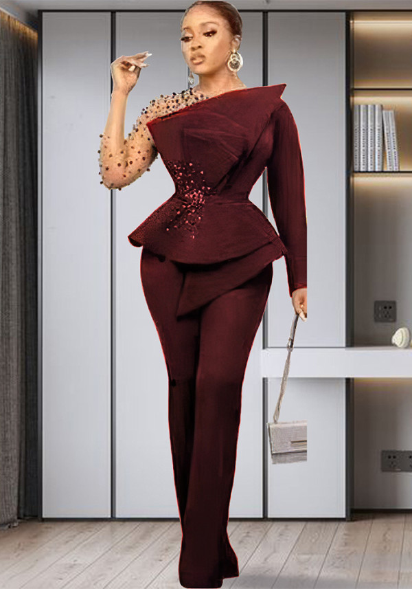 Plus Size Women African Beaded Mesh Top and Pant Two Pieces