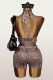 Women Sexy Halter Neck Lace-Up Backless Patchwork Vest Top and Shorts Two Pieces