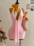 Women Summer Halter Neck Backless Ruched Dress