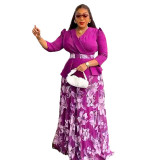 Plus Size Women African V Neck Top and Pleated Skirt Two Pieces