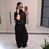 Women Stand Collar Short Sleeve Top and Wide Leg Pants Two Pieces