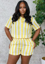 Women Summer Casual Striped Short Sleeve Shirt and Shorts Two Pieces