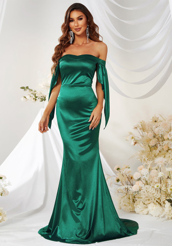 Women Green Off Shoulder Fishtail Train Formal Party Evening Dress