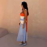 Women Color Contrast Polka Dot Patchwork Summer Holidays Strap Maxi Dress
