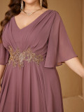 Plus Size Women Elegant V Neck Ruffle Sleeve Embroidery Dress