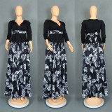 Plus Size Women African V Neck Top and Pleated Skirt Two Pieces