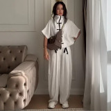 Women Stand Collar Short Sleeve Top and Wide Leg Pants Two Pieces