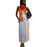 Women Color Contrast Polka Dot Patchwork Summer Holidays Strap Maxi Dress