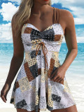 Plus Size Women Printed Spaghetti Strap Skirt Style Two Pieces Swimwear