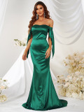 Women Green Off Shoulder Fishtail Train Formal Party Evening Dress