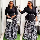 Plus Size Women African V Neck Top and Pleated Skirt Two Pieces
