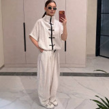 Women Stand Collar Short Sleeve Top and Wide Leg Pants Two Pieces