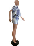 Women Summer Casual Striped Short Sleeve Shirt and Shorts Two Pieces