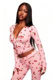 Women Cherry Sexy Long Sleeve Top and Pant Two Pieces