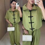 Women Stand Collar Short Sleeve Top and Wide Leg Pants Two Pieces