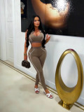 Women Sexy Lines Turndown Collar Vest Top and Long Pants Two Pieces