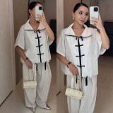 Women Stand Collar Short Sleeve Top and Wide Leg Pants Two Pieces