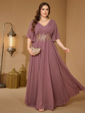 Plus Size Women Elegant V Neck Ruffle Sleeve Embroidery Dress