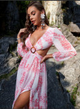 Women French Style Pink and White Print Hollow Out Slit Holidays Chiffon Maxi Dress