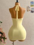 Women Summer Halter Neck Backless Ruched Dress