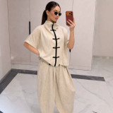 Women Stand Collar Short Sleeve Top and Wide Leg Pants Two Pieces