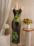 Women Printed Maxi Dress Beach Holidays Swimwear Three-Piece