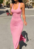 Women Sexy Stretchy Lace-Up Spaghetti Strap Slit Bodycon Maxi Dress