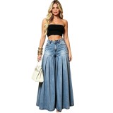 Women Casual Washed Wrinkle Denim Bell Bottom Wide Leg Pants