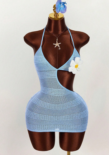 Women Flower Holidays V Neck Halter Neck Lace-Up Hollow Out Bodycon Dress