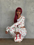 Women Cherry Sexy Long Sleeve Top and Pant Two Pieces