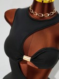 Women Solid Color Hollow Out Slash Shoulder Sexy Dress