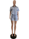 Women Summer Casual Striped Short Sleeve Shirt and Shorts Two Pieces
