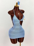 Women Flower Holidays V Neck Halter Neck Lace-Up Hollow Out Bodycon Dress